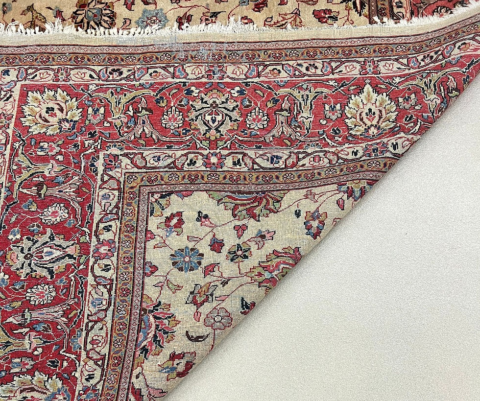 Thumbnail: This Persian rug features an intricate floral design in natural colors on ivory background with brick read borders.