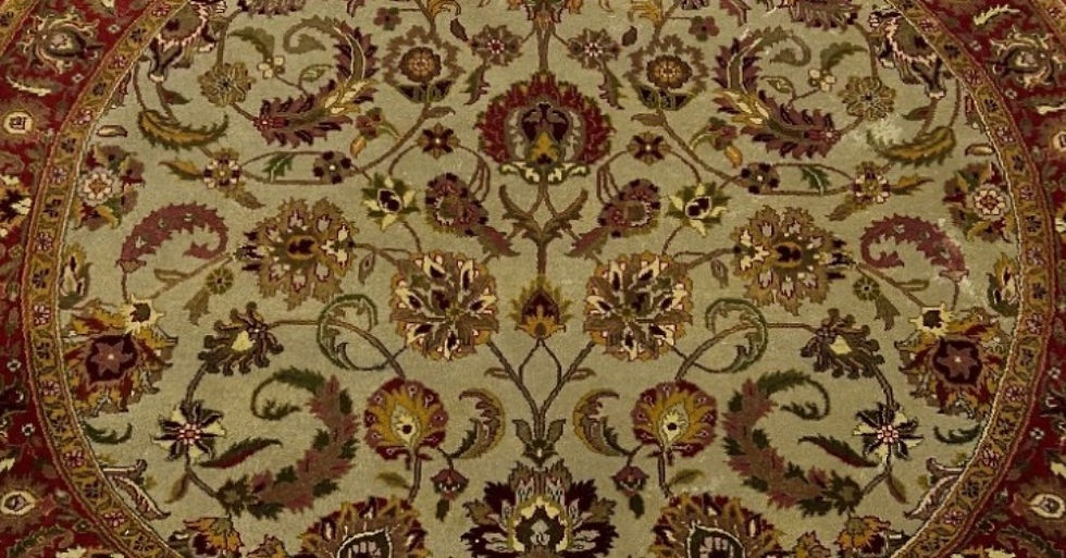 Thumbnail: This India rug features beautiful floral design, green background, red borders.