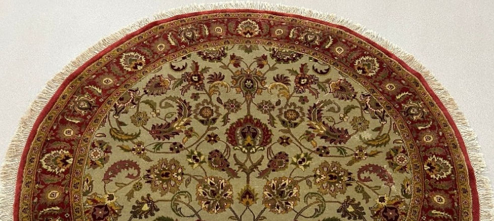 Thumbnail: This India rug features beautiful floral design, green background, red borders.
