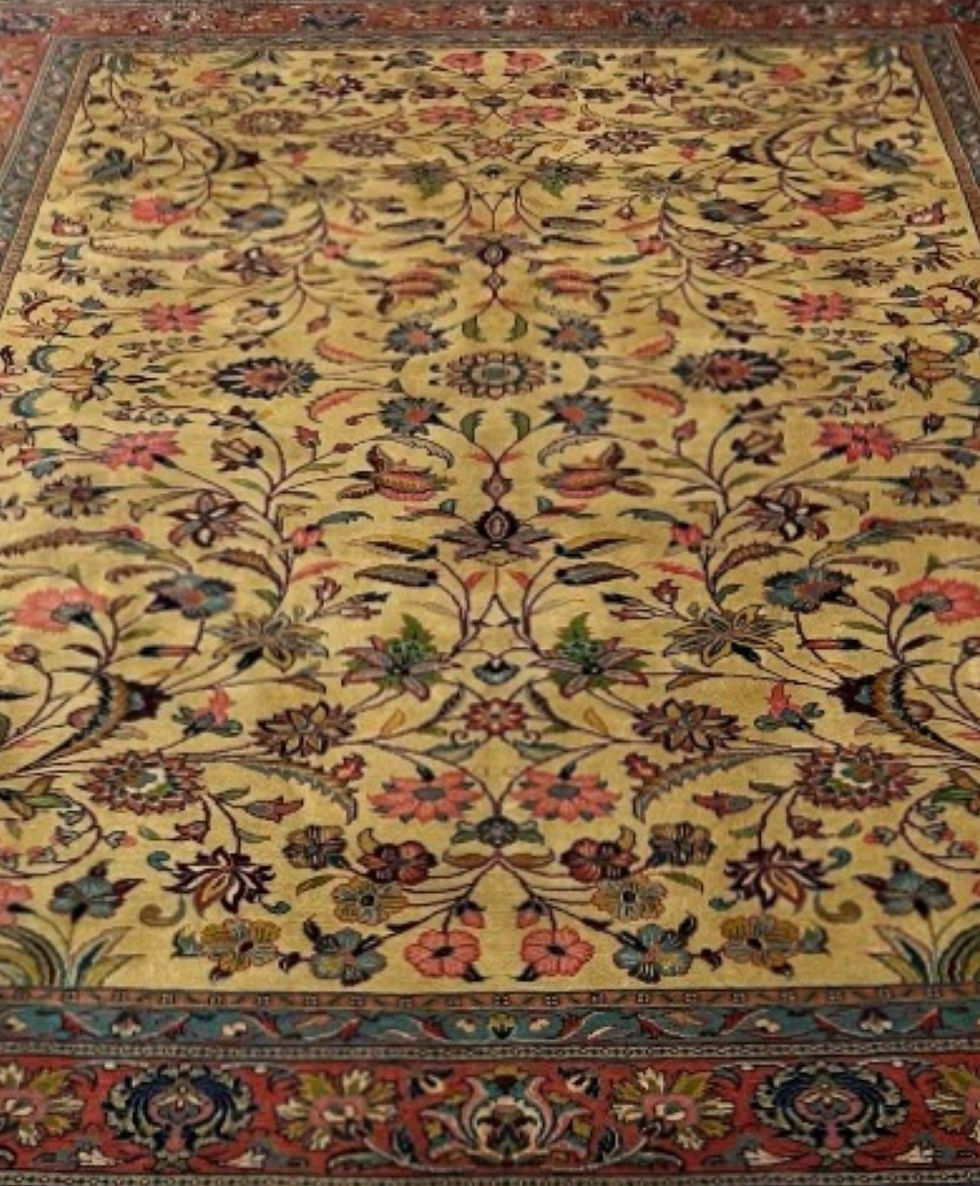 Thumbnail: This Persian rug features a simple but beautiful floral motif on a gold background. Gold background, red borde.rs