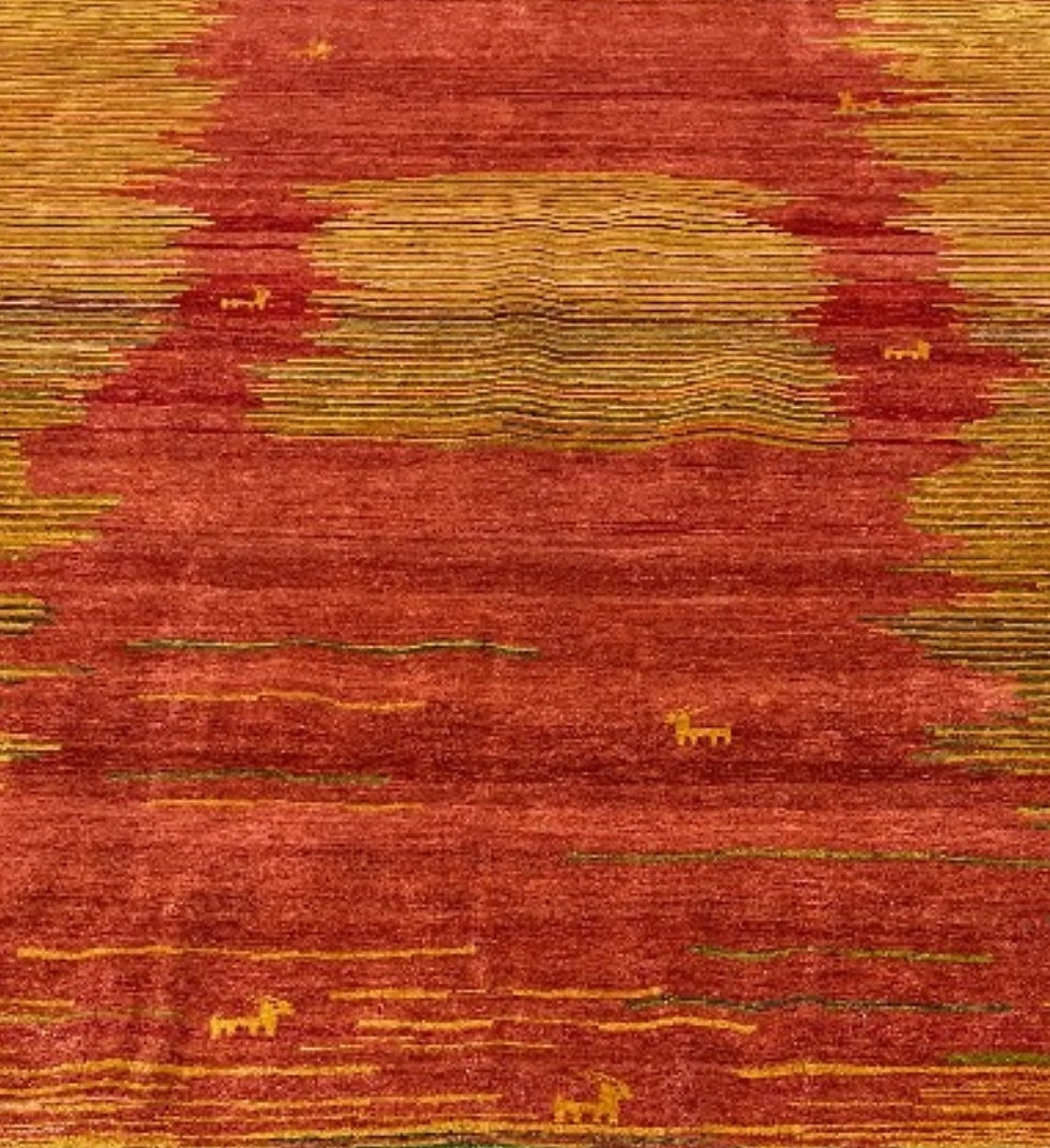 Thumbnail: Hand-knotted Persian Gabbeh Rug featuring a simple design in bold colors. red, orange, green.