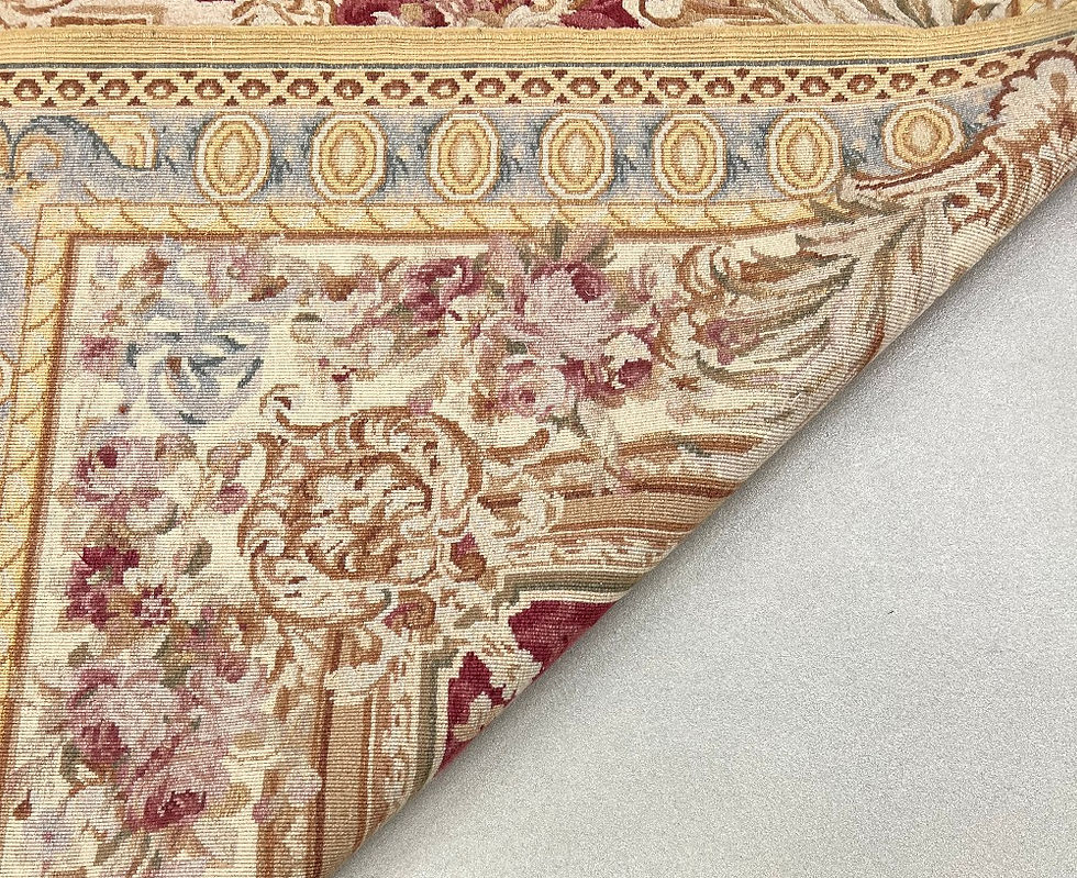 Thumbnail: This is a fine example of a French Savonnerie design with a stunning floral pattern.  red, gold, grey.