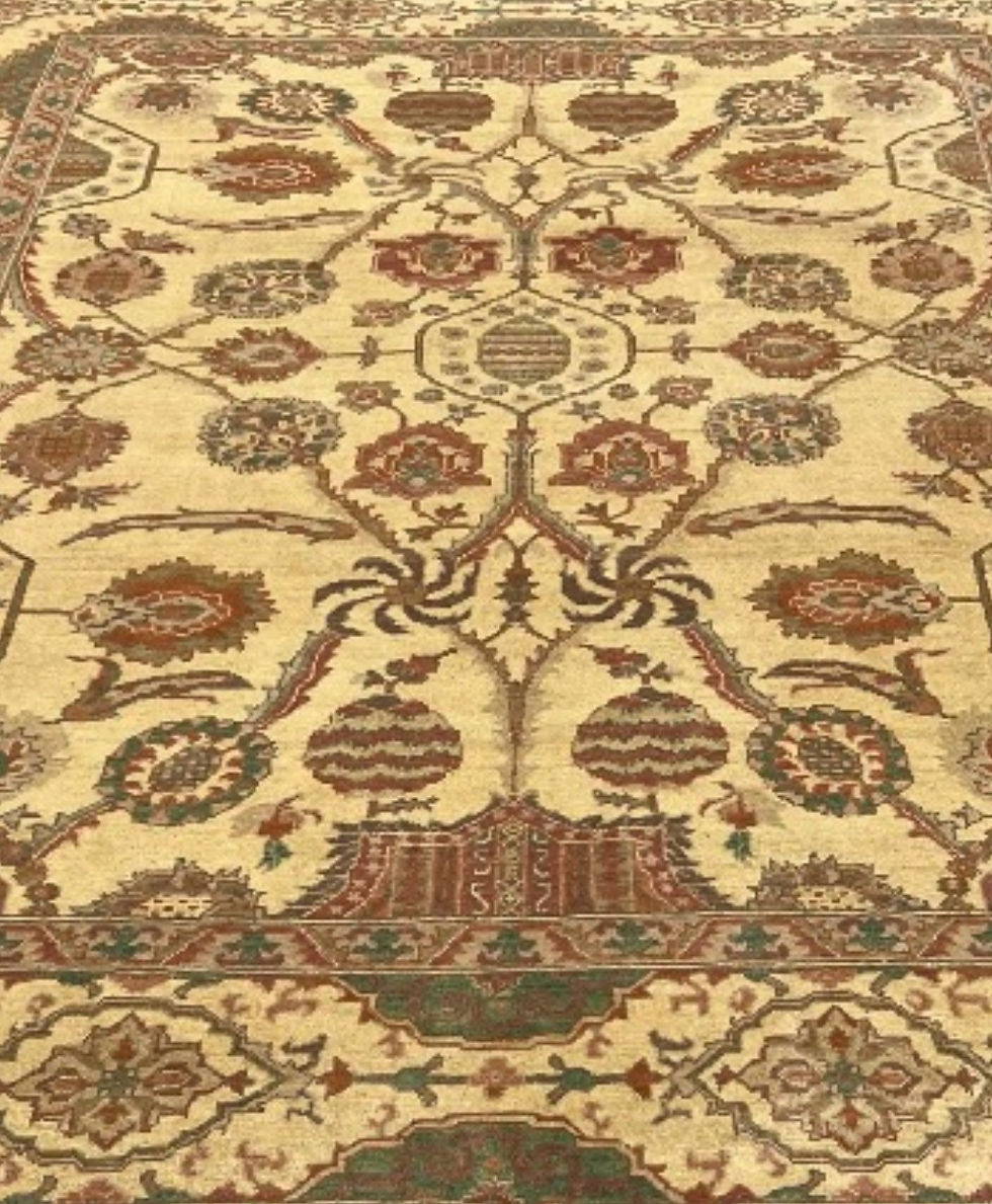Thumbnail: This Oriental Afghan rug featuring a simple but beautiful pattern. beige, gold and green.