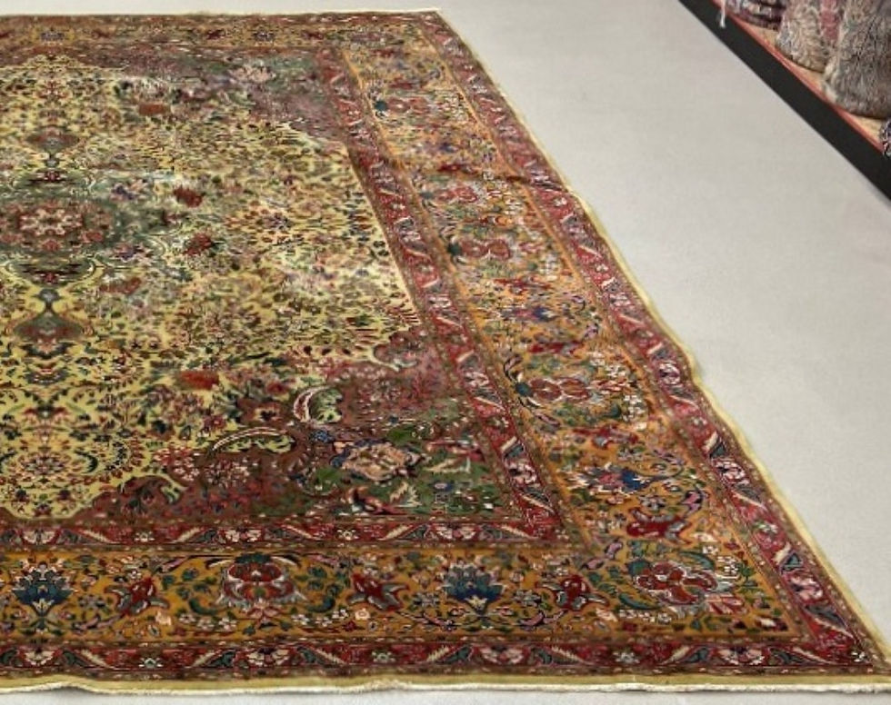 Thumbnail: This Persian rug features a striking medallion motif on a light background, gold borders.