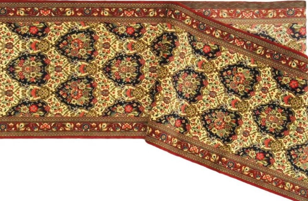 Thumbnail: Persian Qum runner. This Persian runner features an intricate floral pattern.