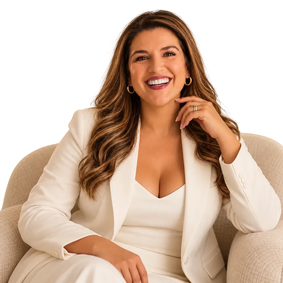 Studio photography of a confident woman smiling warmly. She is seated in professional attire against a dark background.