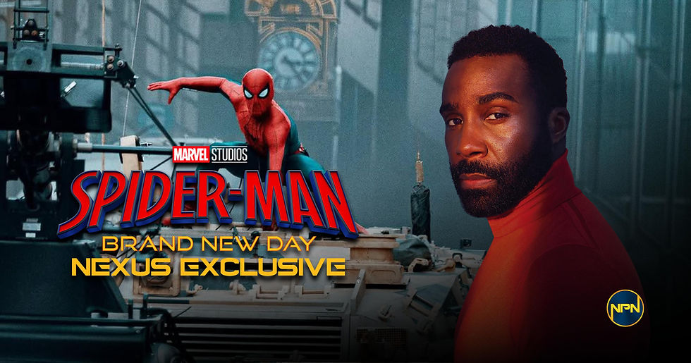 Tramell Tillman looking at the camera. He is wearing a red sweater. A behind the scenes picture of Spider-Man:Brand New Day is the background