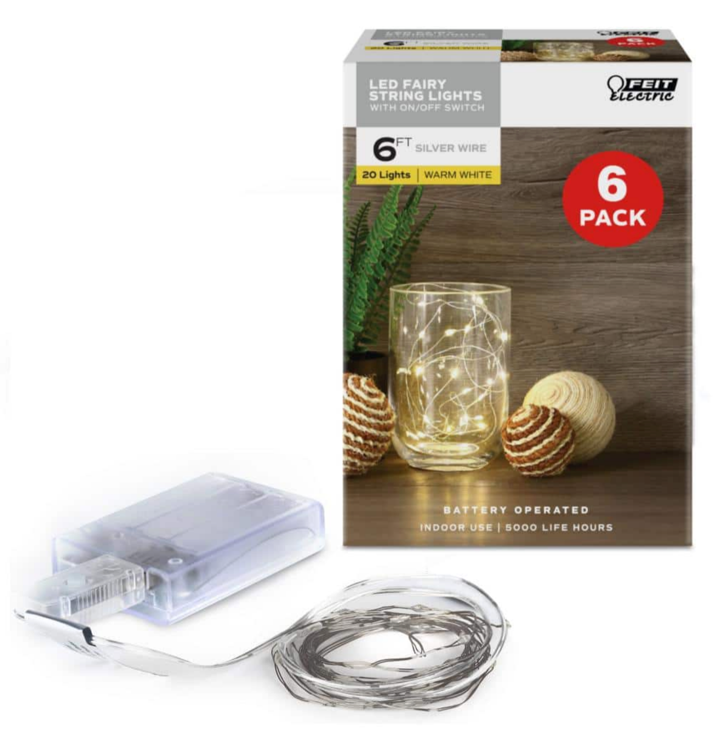 6 ft. LED 20-Light Silver Wire Warm White - 6 Pack