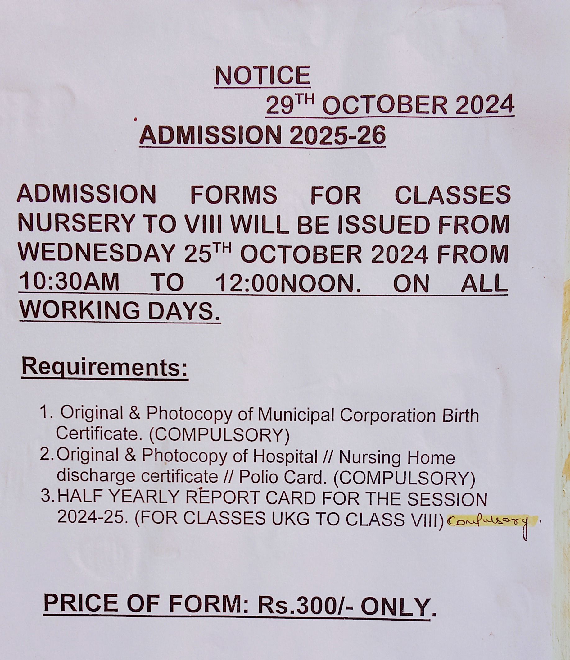Important information regarding Admission