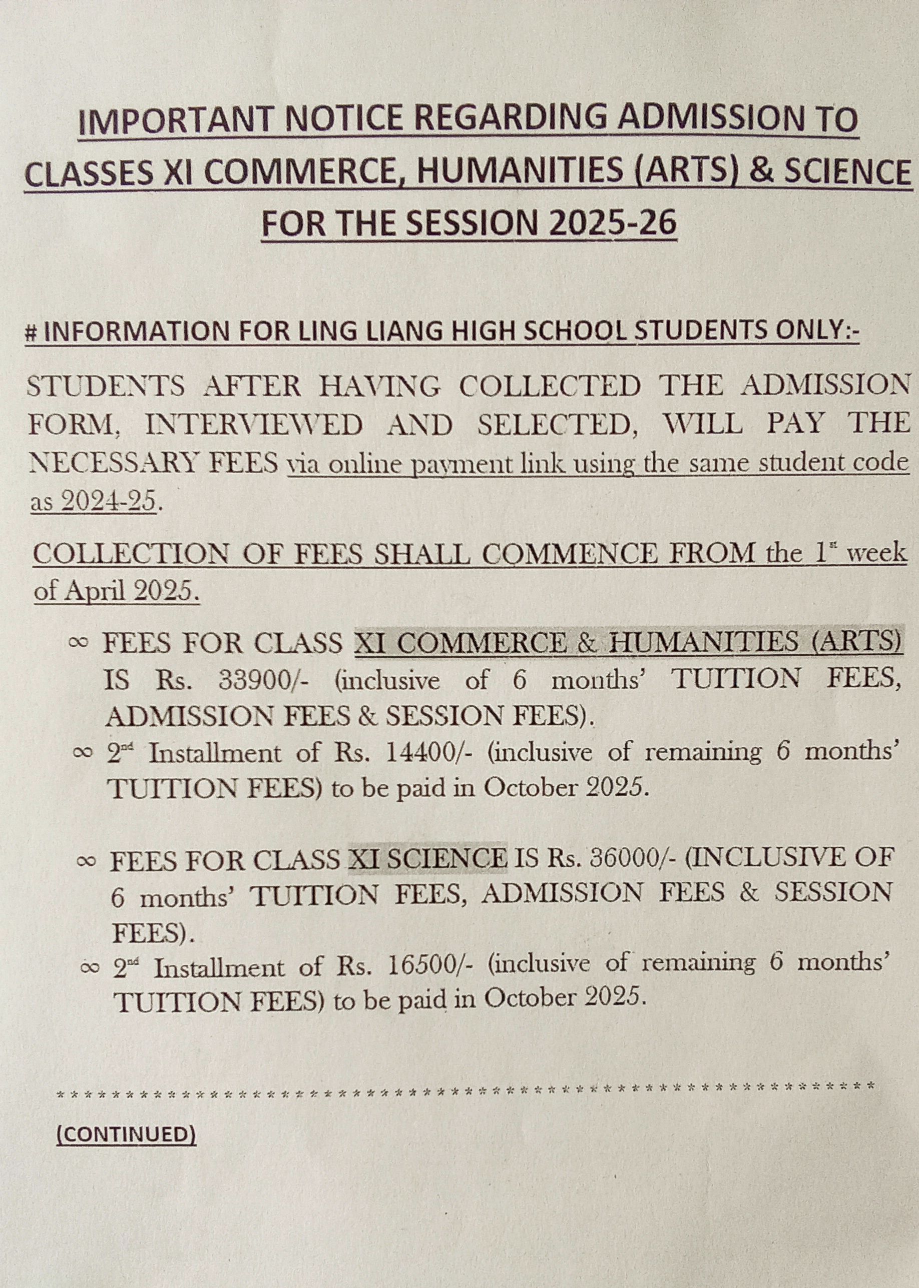 IMPORTANT INFORMATION REGARDING CLASS XI ADMISSION.