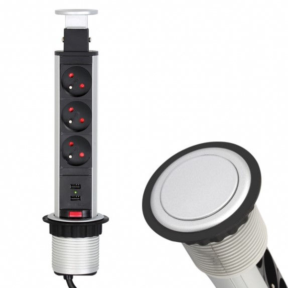 Gniazdo meblowe wysuwne z USB LIFT BOX aluminium przewód 1.5mb.
