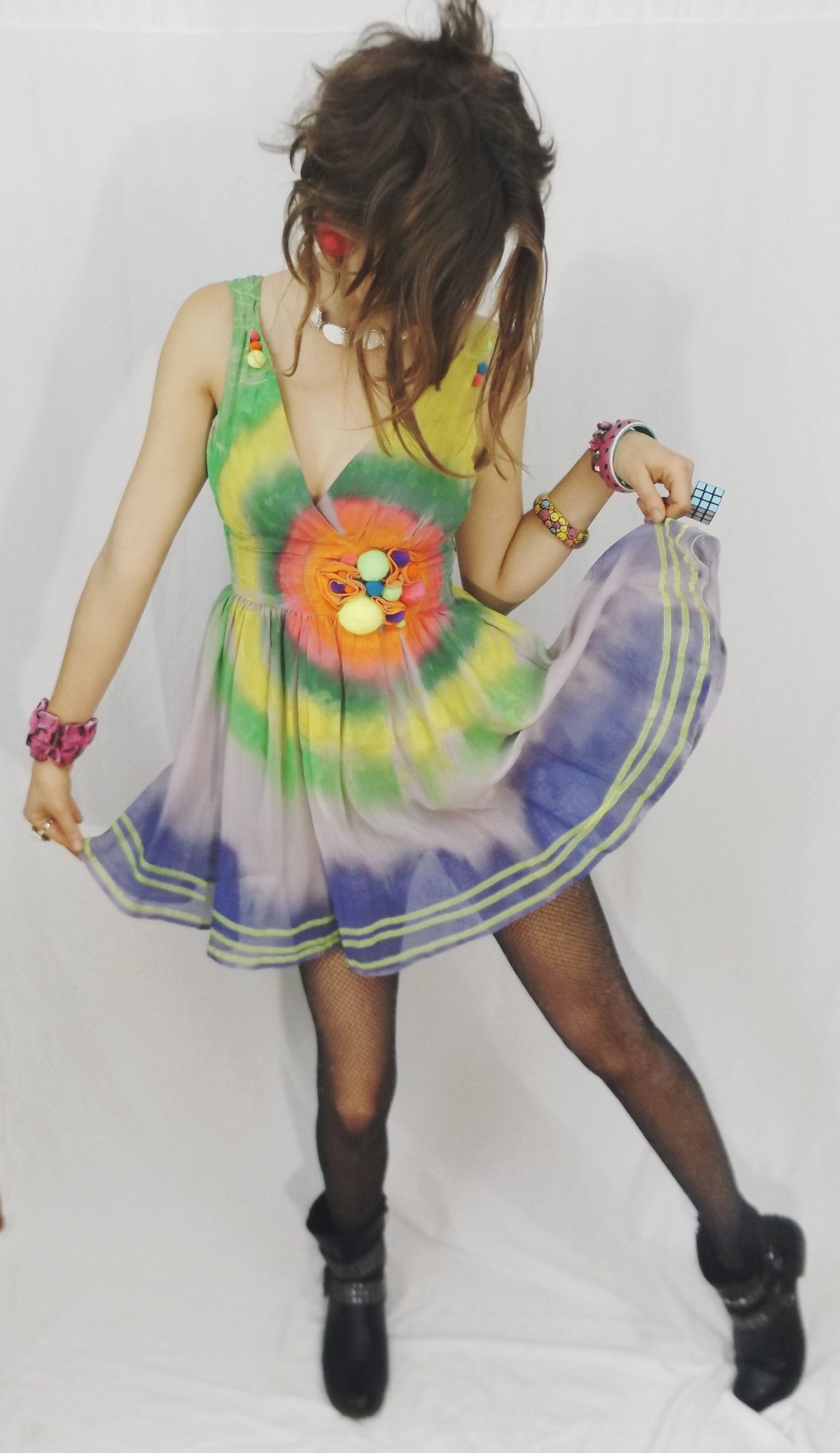 Neon Tie-Dye Painted Handmade Tulle Mini Dress