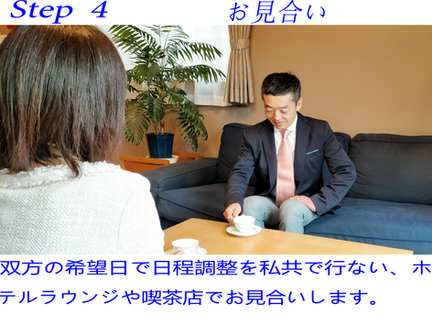 双方の希望日で日程調整を私どもで行いホテルのラウンジや喫茶店でお見合いします。