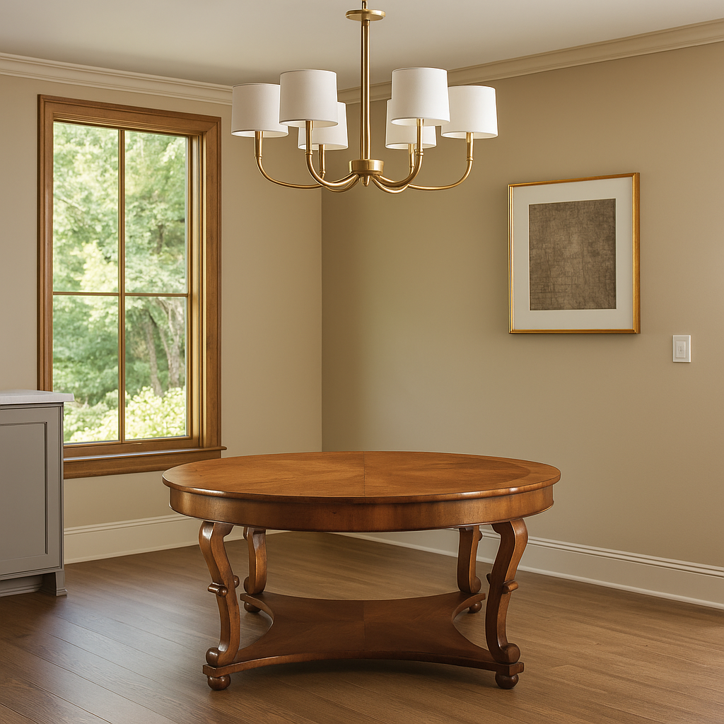 Tavolo rotondo in noce massello con piano intarsiato e base sagomata