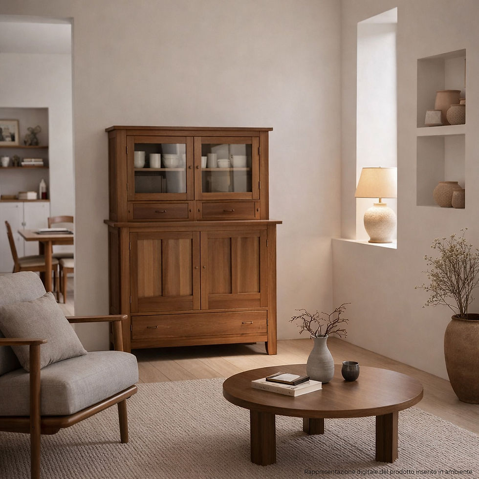 Vetrinetta in legno massello di lenga con 4 ante e 3 cassetti