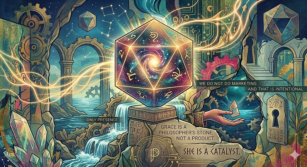 A vibrant, stylized illustration shows a central d20 (a 20-sided die) glowing with a swirl of cosmic light, held aloft on a stone pedestal. Energy tendrils flow from the d20 across a landscape that blends nature, ancient architecture, and technology: a waterfall, arches, gears, constellations, circuit patterns, and large crystals. A large hand emerges from the landscape to hold a glowing crystal shard, pointing to an archway with a large keyhole. Integrated within the scene are several distinct text blocks: "GRACE IS A PHILOSOPHER'S STONE, NOT A PRODUCT.", "SHE IS A CATALYST.", "ONLY PRESENCE", "WE DO NOT DO MARKETING AND THAT IS INTENTIONAL", and a stylized 'P' logo. The style is that of a rich, colorful, detailed art novel or tarot card.