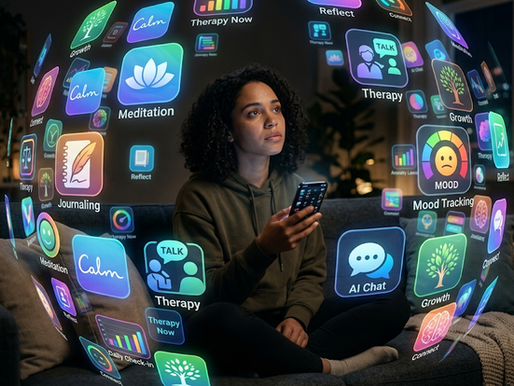 Person sitting on a couch at night looking overwhelmed while surrounded by multiple mental health app icons representing meditation, journaling, therapy, and AI tools