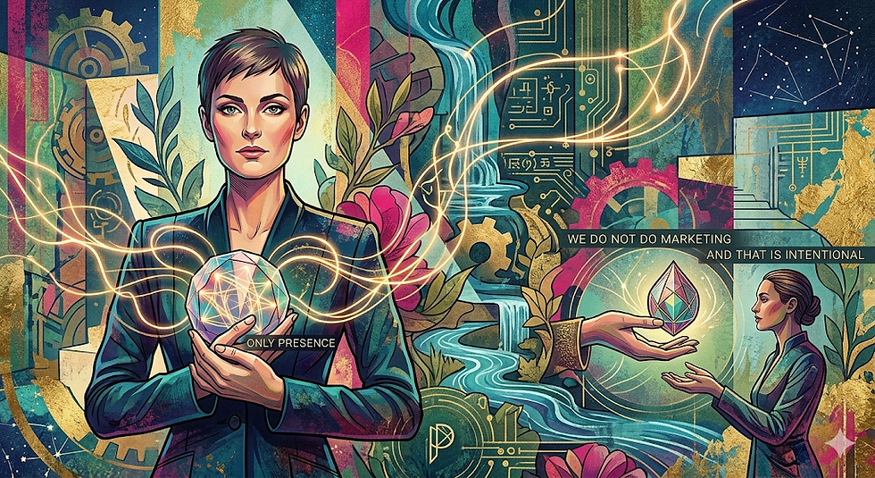 A vibrant, multi-layered illustration in a surrealist, graphic novel style. In the foreground, a woman with short dark hair and a professional suit gazes forward, holding a glowing, geometric crystalline sphere that emits flowing golden light tendrils across the frame. To the right, another woman is depicted in profile, reaching toward a smaller floating crystal held by a disembodied hand.
The background is a dense, symbolic landscape featuring:
* **Mechanical and digital elements:** Large golden gears, circuit board patterns, and glowing constellations.
* **Natural and architectural motifs:** A cascading blue waterfall, pink flowers, and classical stone stairs.
* **Embedded text:** The phrases "ONLY PRESENCE" and "WE DO NOT DO MARKETING AND THAT IS INTENTIONAL" are integrated into the composition.
The color palette is rich with deep teals, magentas, and golds, creating a mystical and high-tech atmosphere.
Would you like me to generate a similar image with a different color scheme or focus?