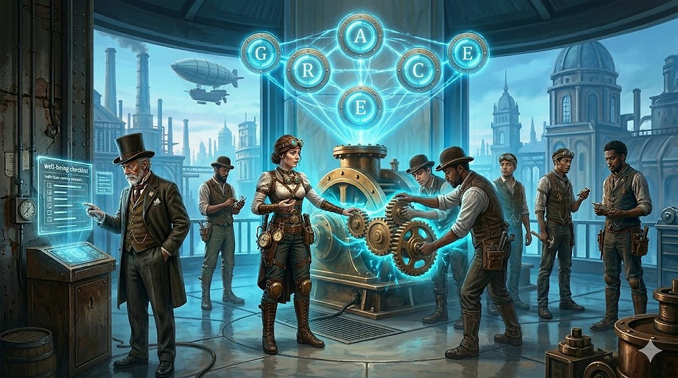 A steampunk photograph of a manufacturing floor shows five workers operating a machine. The group consists of a woman in a leather vest with goggles on her cap and four men in rolled up sleeves, waistcoats, and hats. One man looks at a transparent digital display with a "well-being checklist" on the left and a hologram with the word "GRACE" in capital letters glows above the main large brass and copper machine. A cityscape with factories and smokestacks is visible in the background through the windows.
