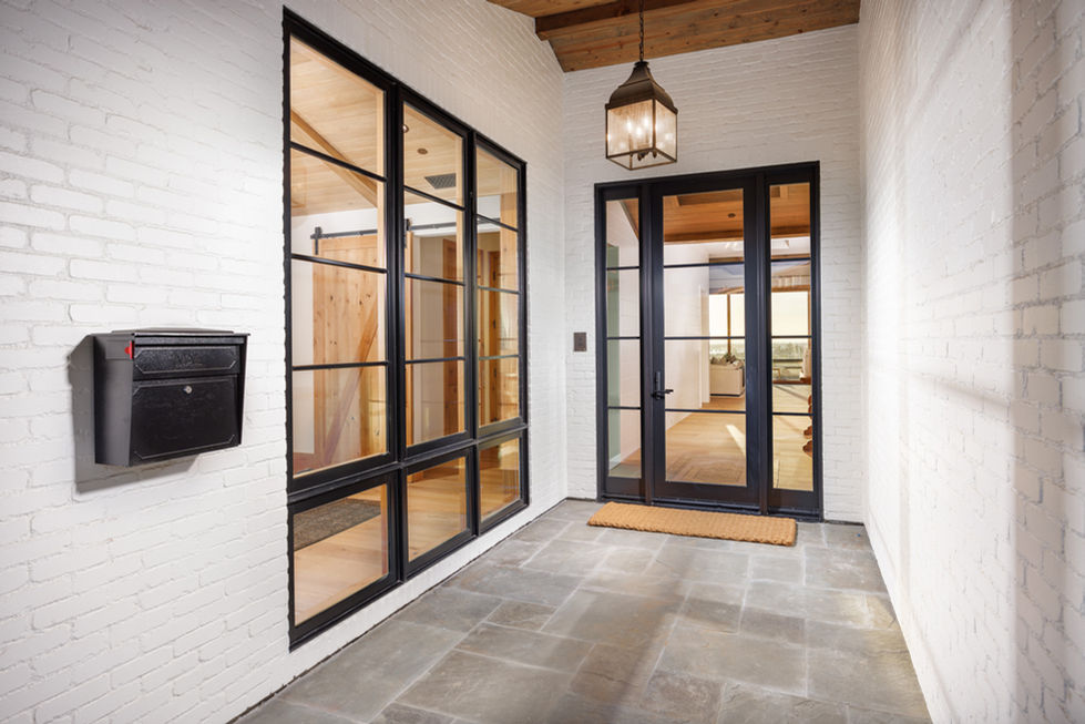 modern entry way photographed at sunset