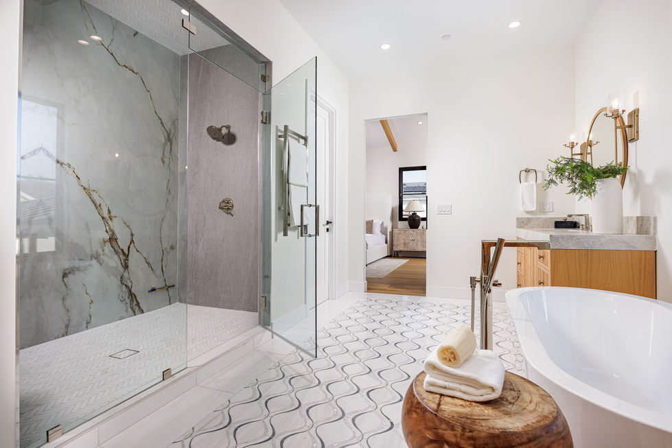 a bathroom with a walk in shower and a bathtub