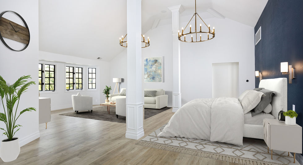 Virtually staged bedroom with a king-size bed, crystal chandelier, blue walls, nightstands, and a bench at the foot of the bed