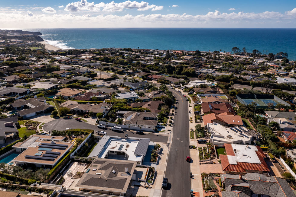 an aerial view of a residential area with the ocean in the background