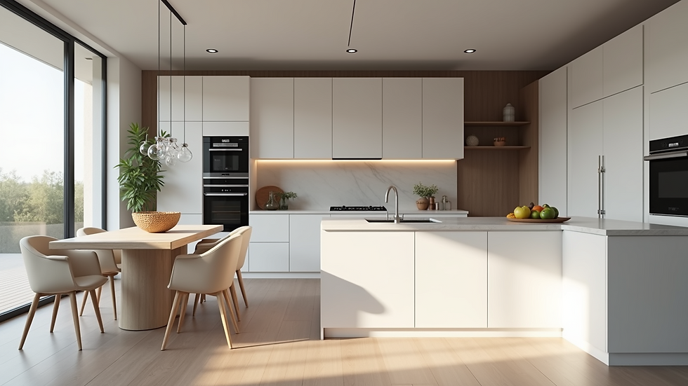 Eye-level view of modern kitchen with quartz countertops and large island