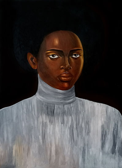 Frontal portrait of a Black woman with closely cropped hair wearing a high white collar against a dark background, painting by Tara Shakti.