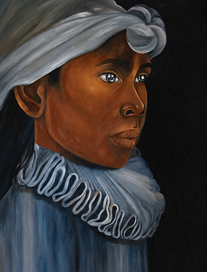 Profile portrait of a Black woman wearing a pale headwrap and sculptural grey collar against a dark background, painting by Tara Shakti.
