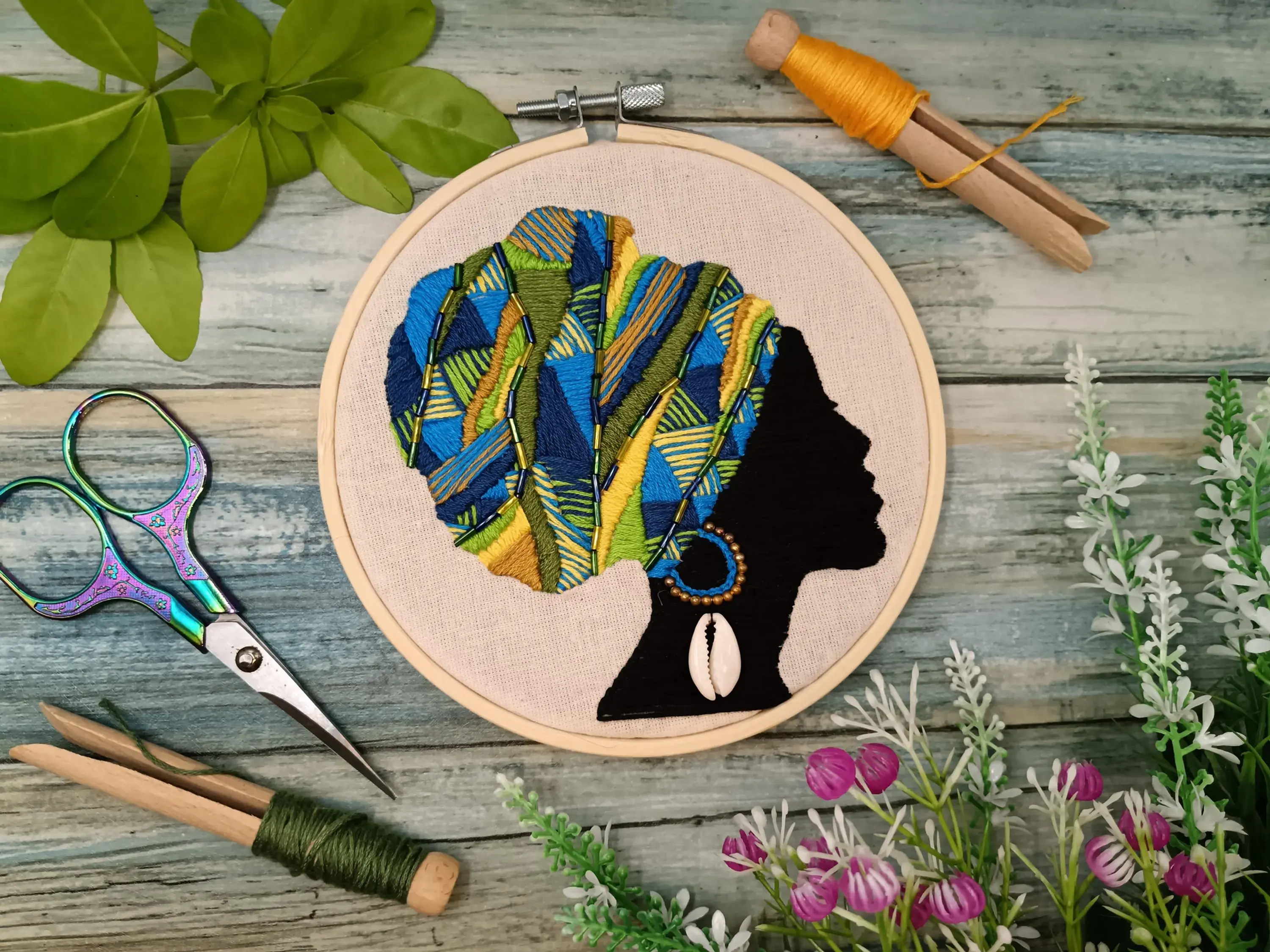 West African Gele Embroidery Kit – Beaded Hoop Art with Cowrie Shell| Pre printed fabric| heidihummingbird