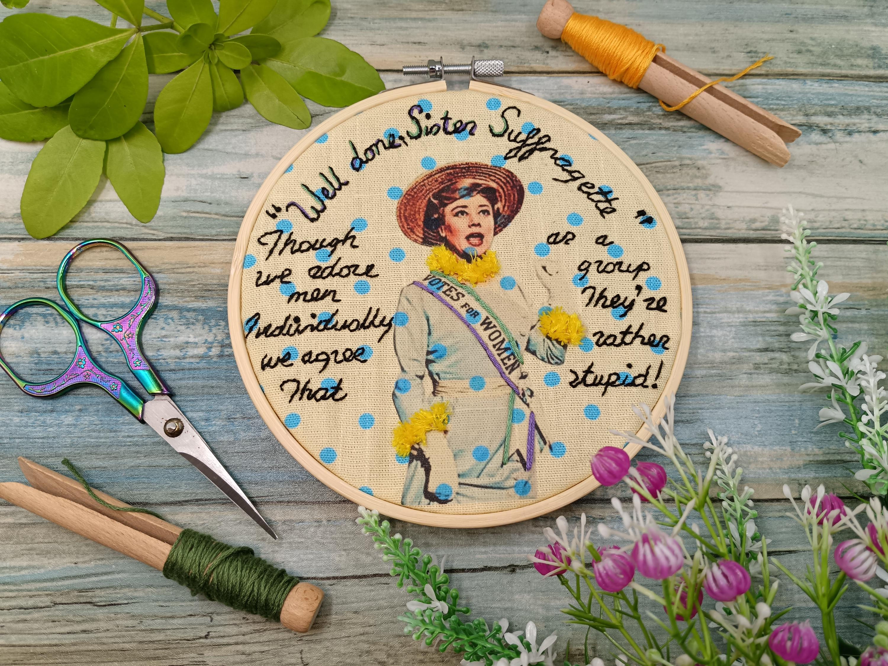 Sister Suffragette embroidery kit with vintage feminist design