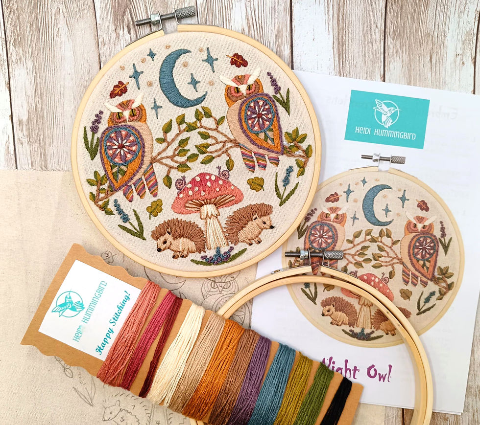 Woodland embroidery with owls hedgehogs and mushroom under crescent moon