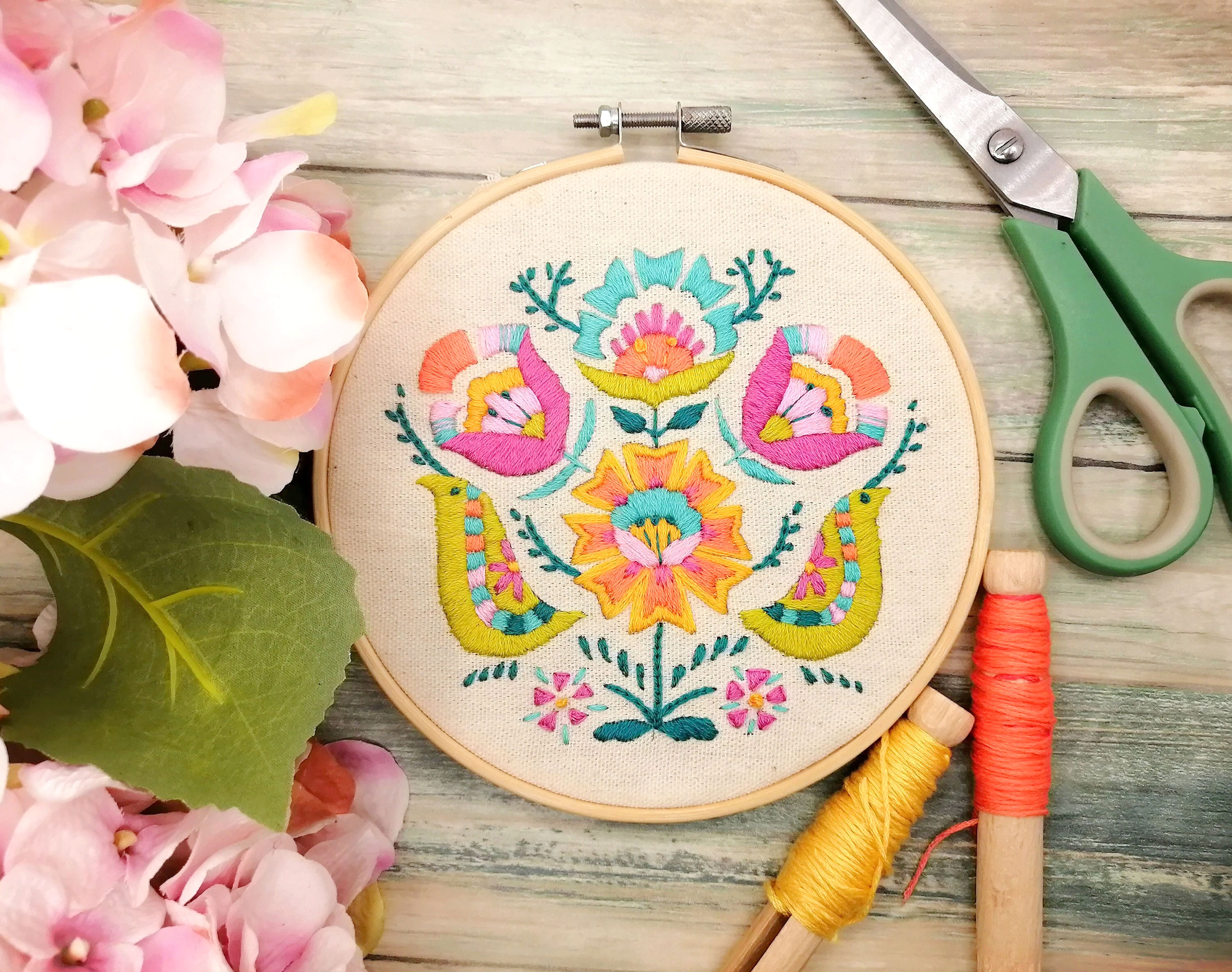 Floral embroidery kit with colourful folk art design and birds in bamboo hoop