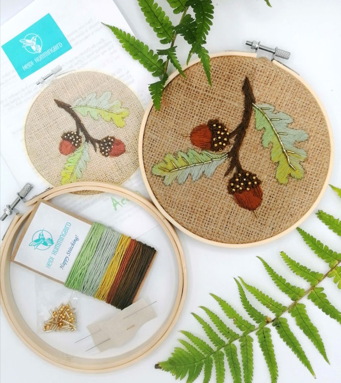 Acorn embroidery kit on hessian fabric with bead details