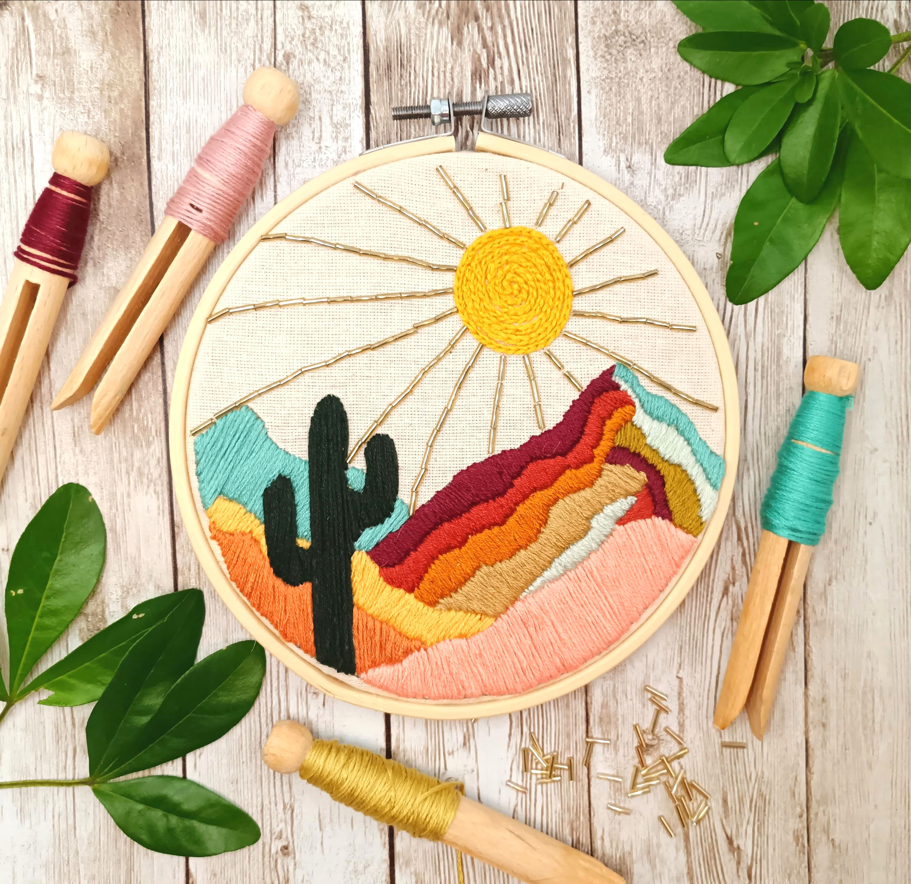 Desert landscape embroidery kit with cactus and sun hoop art design