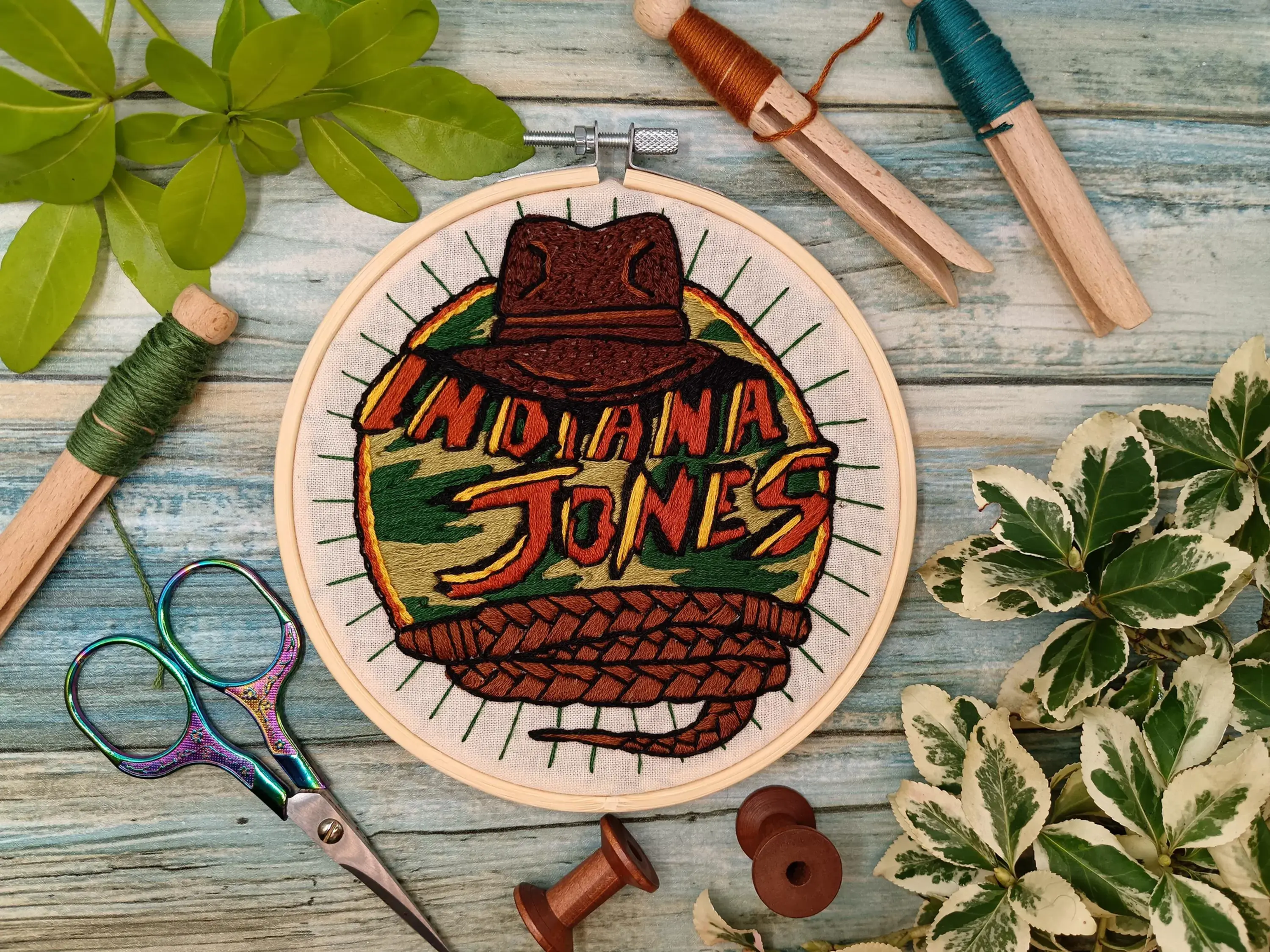 Indiana Jones inspired embroidery kit with explorer hat and rope design