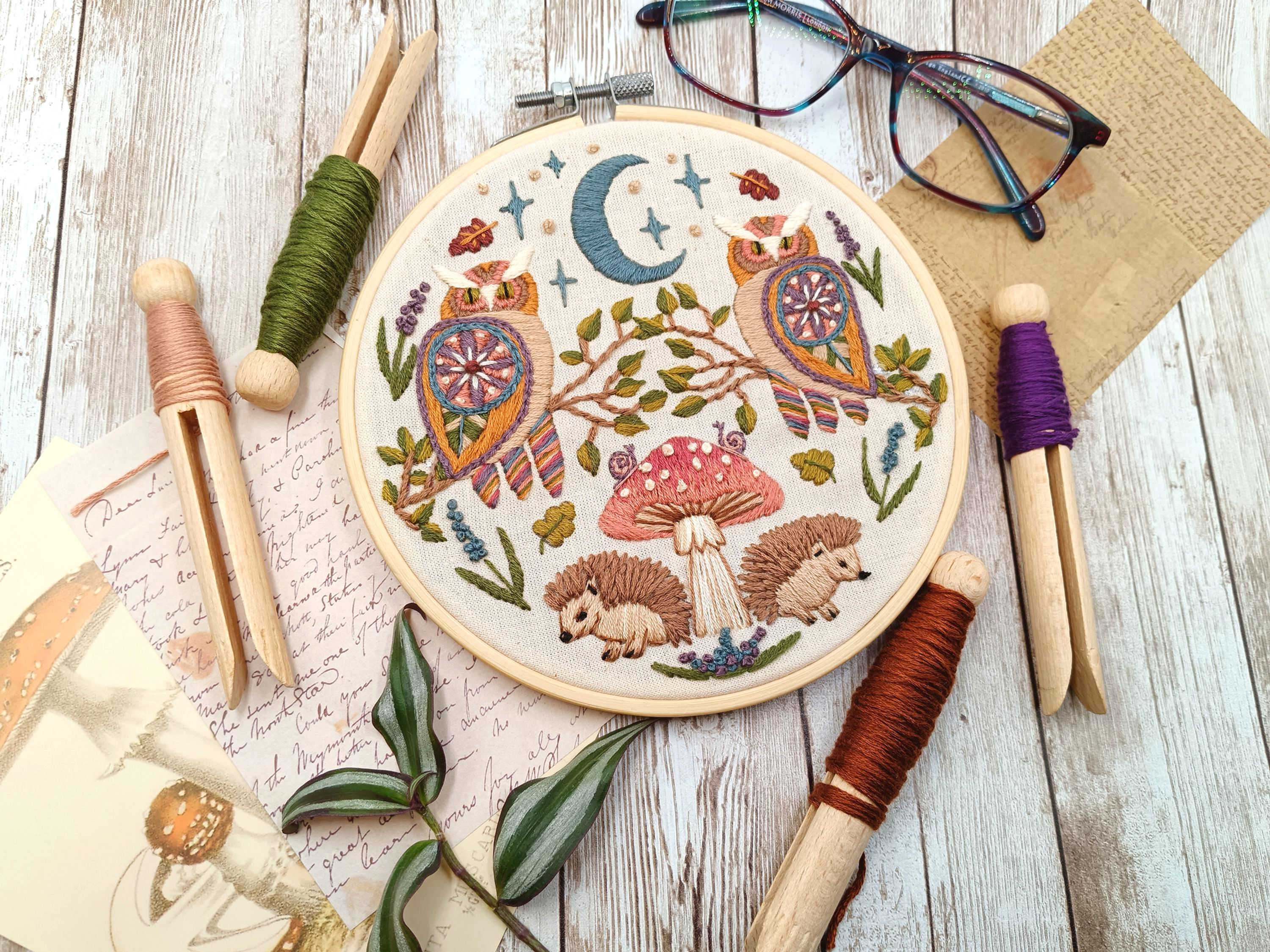 Owl embroidery kit with woodland night design featuring moon stars and animals