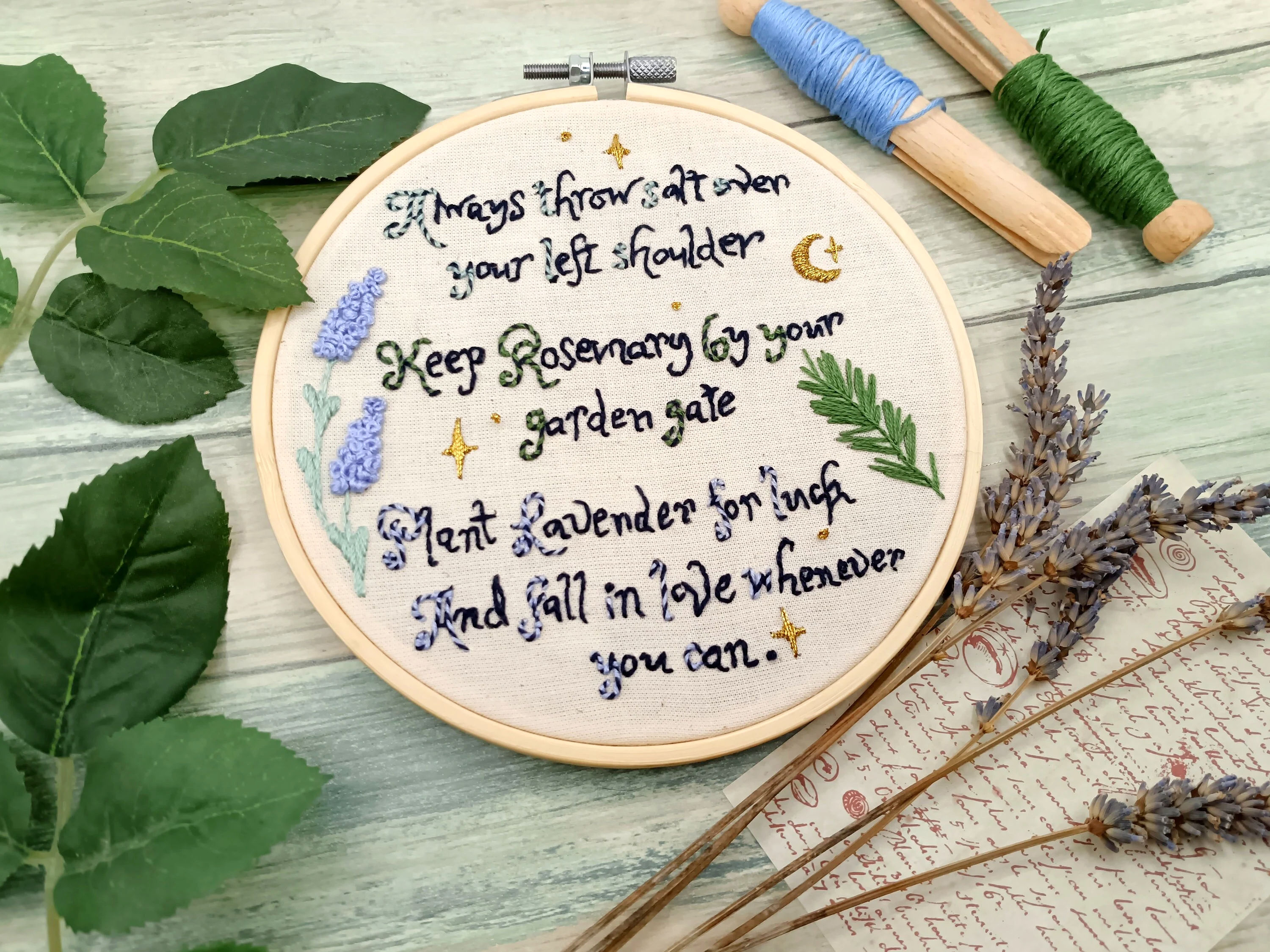 Witchy quote embroidery kit with mystical text design and celestial details