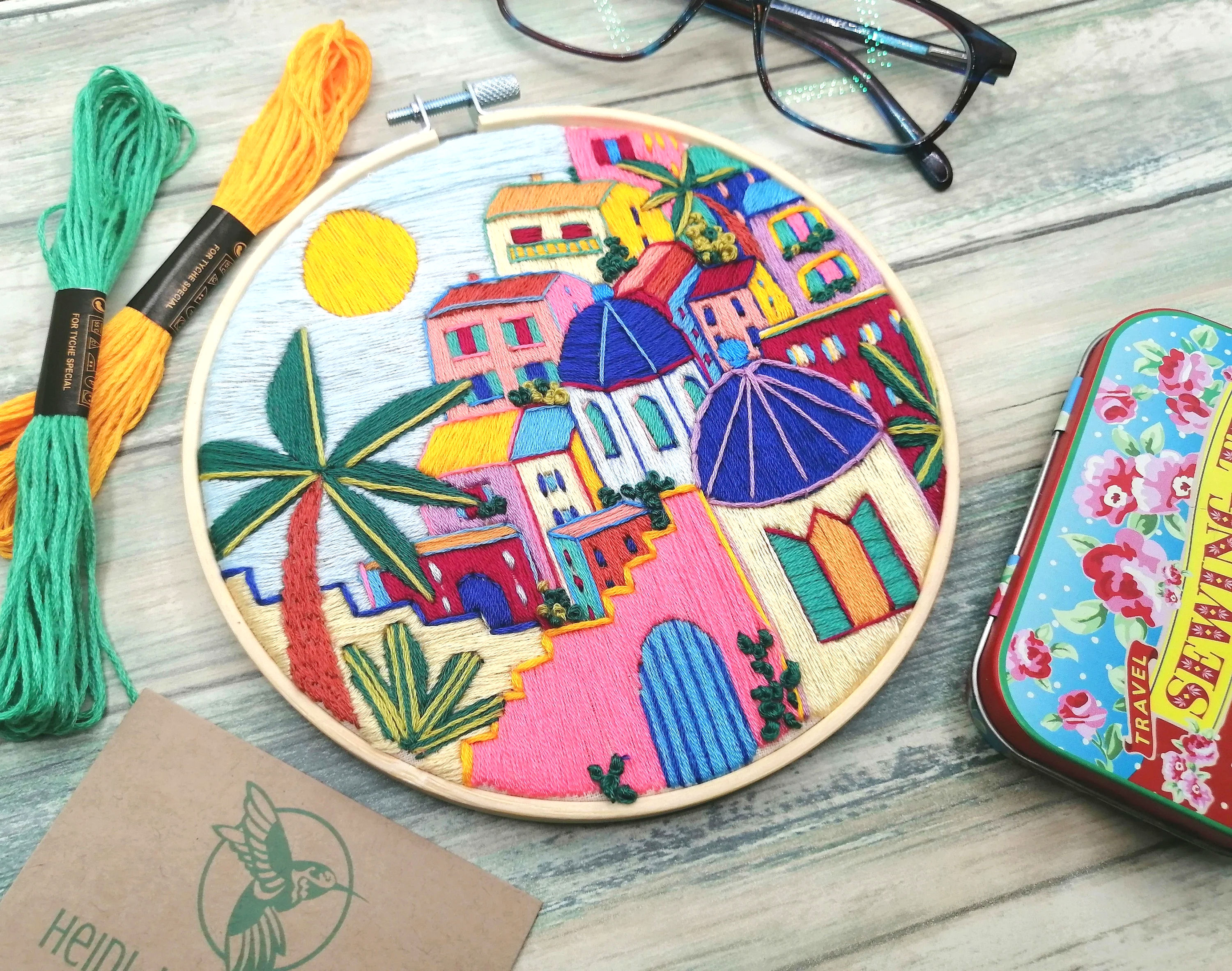 Amalfi Coast embroidery kit with colourful Italian coastal village design