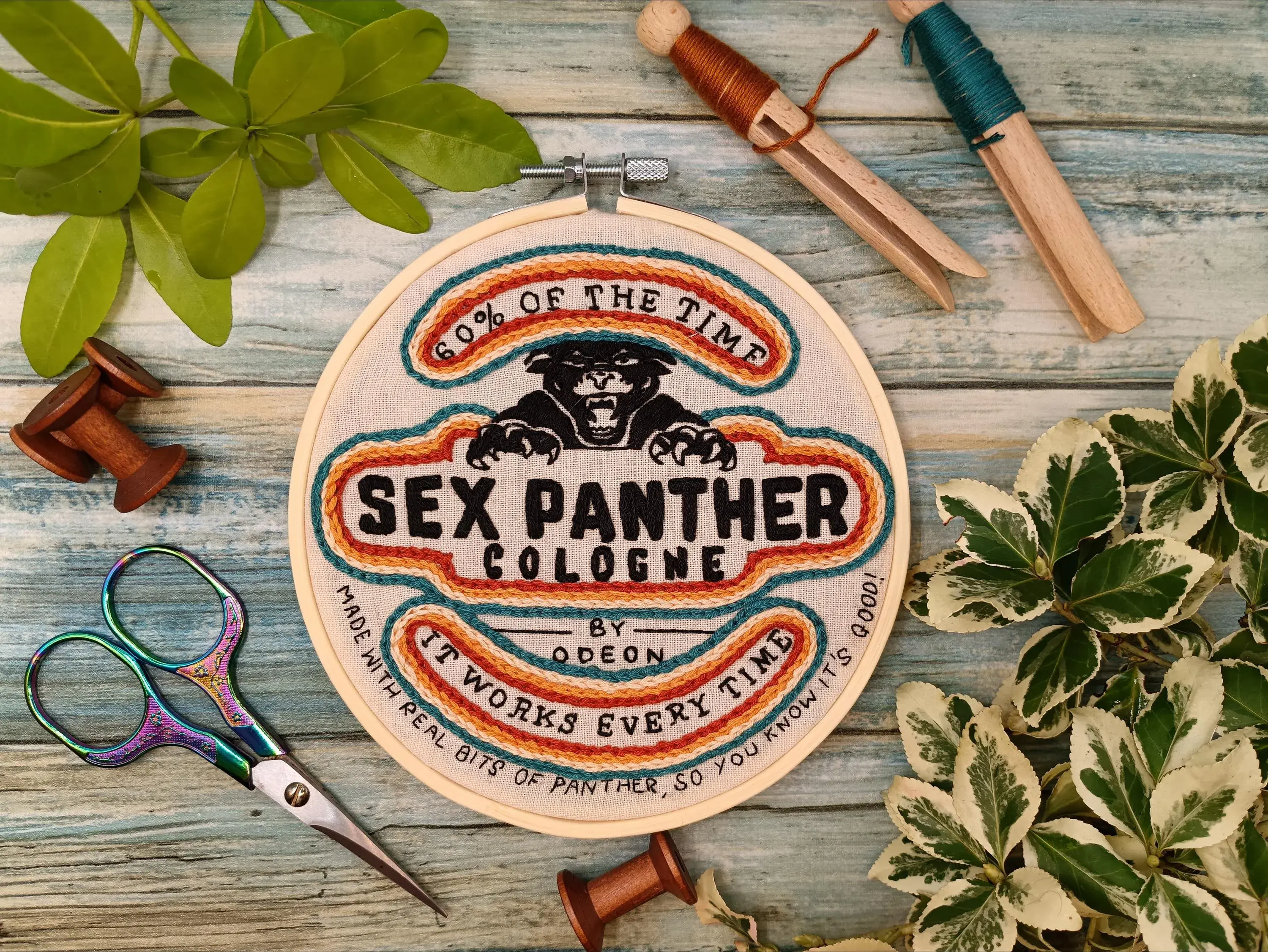 Funny embroidery kit with retro style label design