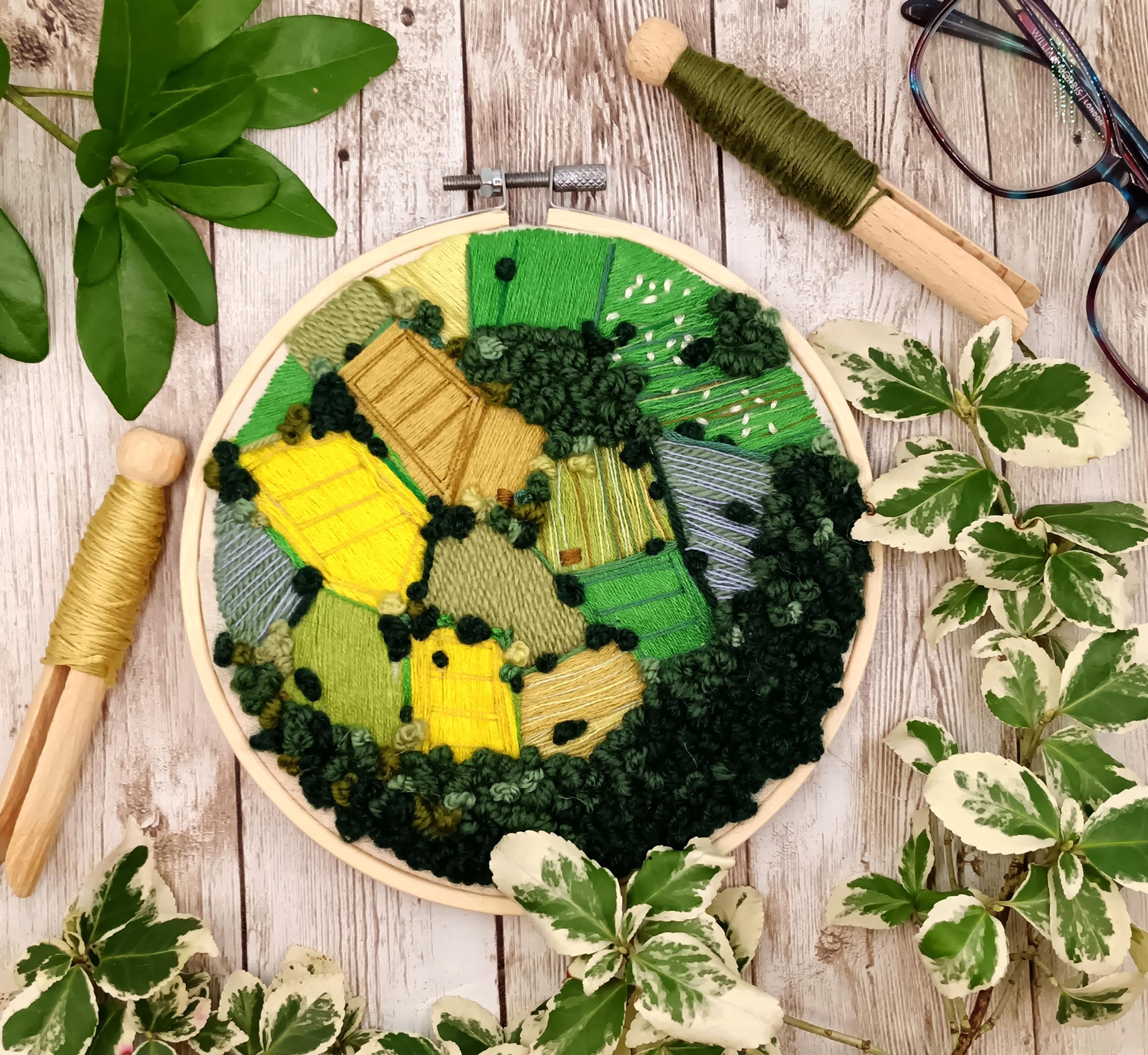 Countryside embroidery kit with aerial landscape patchwork field design