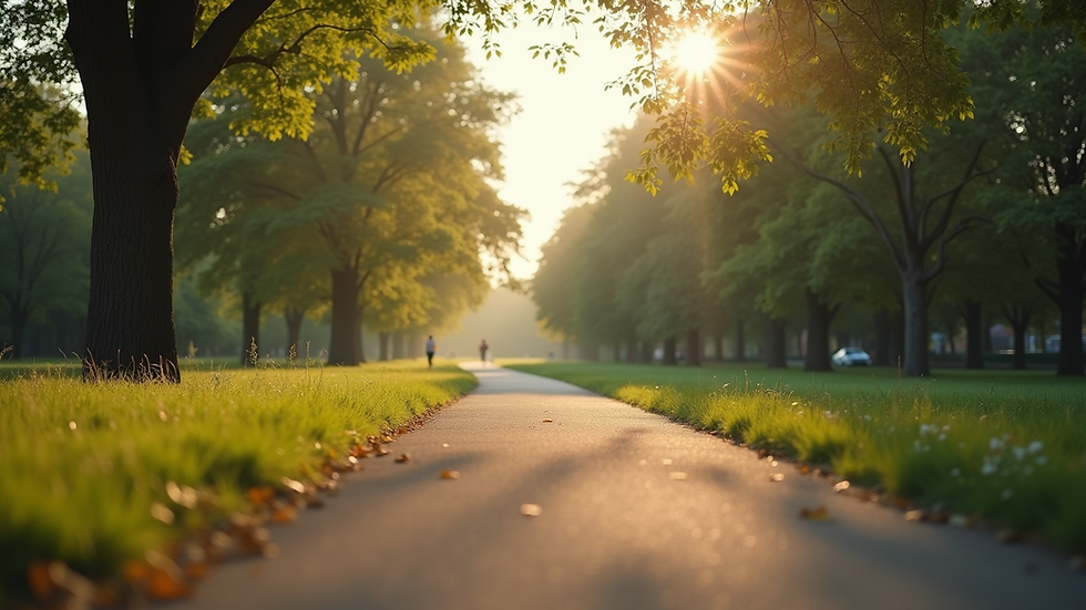 Eye-level view of a serene park with a walking path