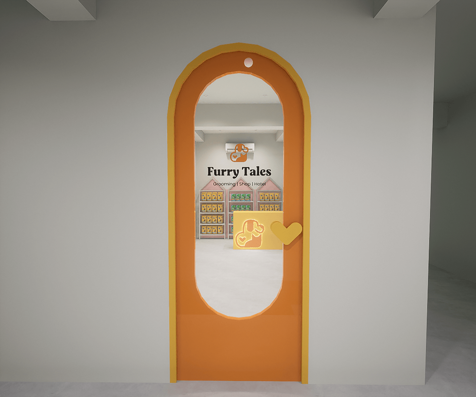 Colorful pet store interior design 3D render of the front door