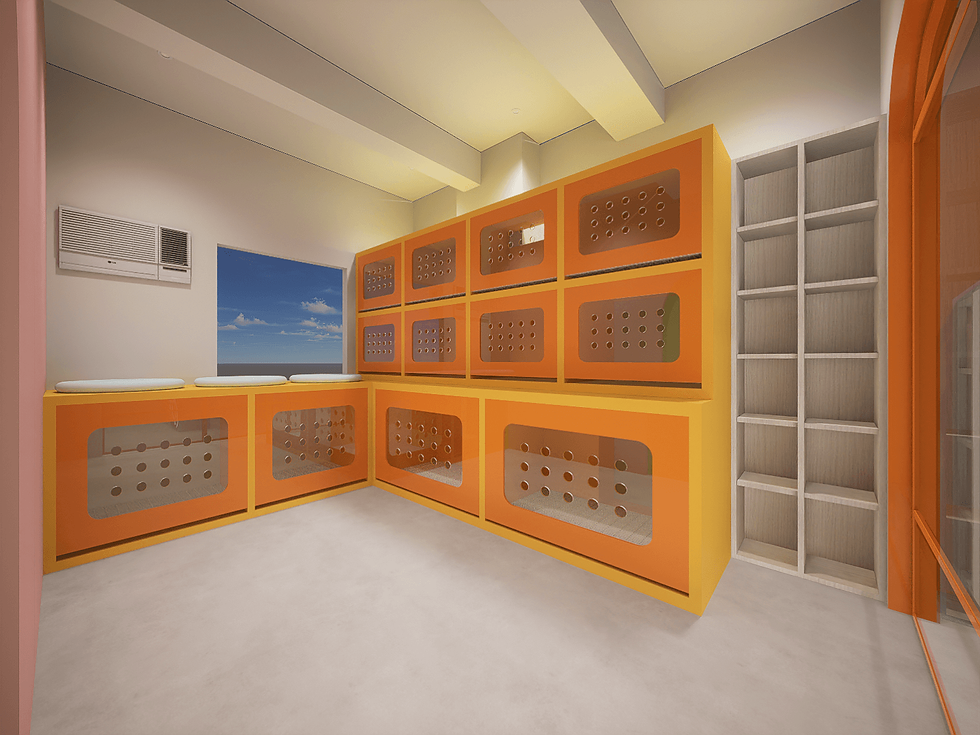 Colorful pet store interior design 3D render of the cabinets