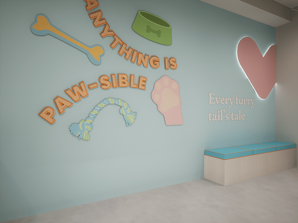 Colorful pet store interior design 3D render of a mural on a wall