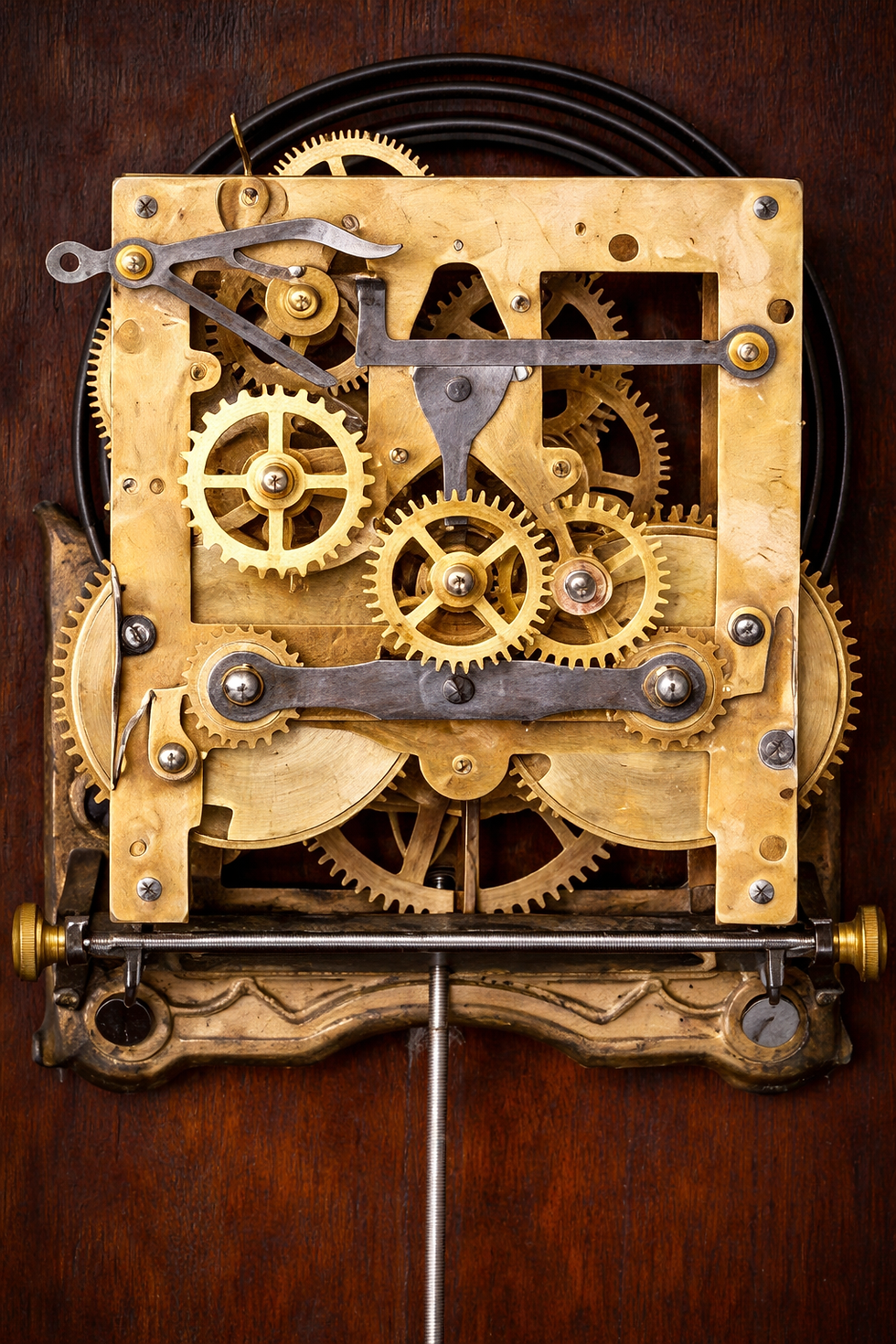 Intricate brass and steel clock gears interlock in a wooden frame, showcasing detailed craftsmanship and a vintage mechanical aesthetic.