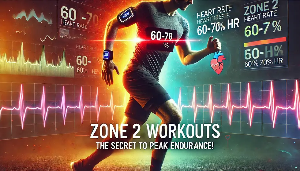 Runner with heart rate monitors in a vibrant setting. Text: "Zone 2 Workouts: The Secret to Peak Endurance!" Heart rate graphs visible.
