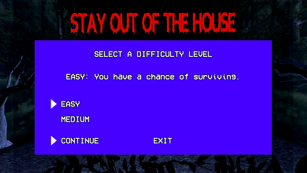 Difficulties for stay out the house shown in 2 options on a blue screen: easy and medium. Easy difficulty says "you have a chance of surviving"