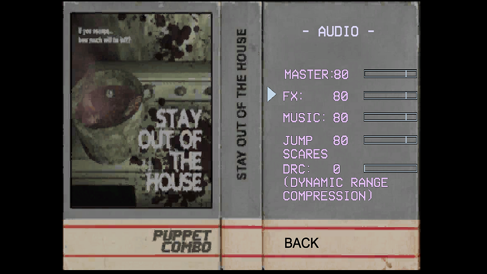 Audio options in puppet combo's stay out of the house game all listed as followed: master volume, fx volume, music volume, jump scares volume and dynamic range compression.
